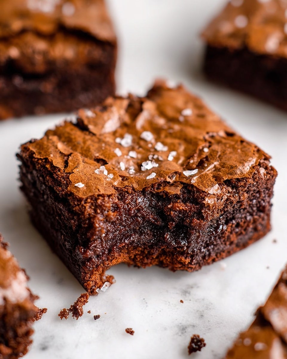 A close-up view of a single square chocolate brownie with a cracked, shiny top sprinkled with coarse salt flakes. The brownie shows a dense, rich texture inside with a slightly fudgy look near the edges and a cracked crust on top. It sits on a white marbled surface with small crumbs scattered around it. In the background, there are parts of other brownies blurred out, highlighting the main brownie in focus. photo taken with an iphone --ar 4:5 --v 7