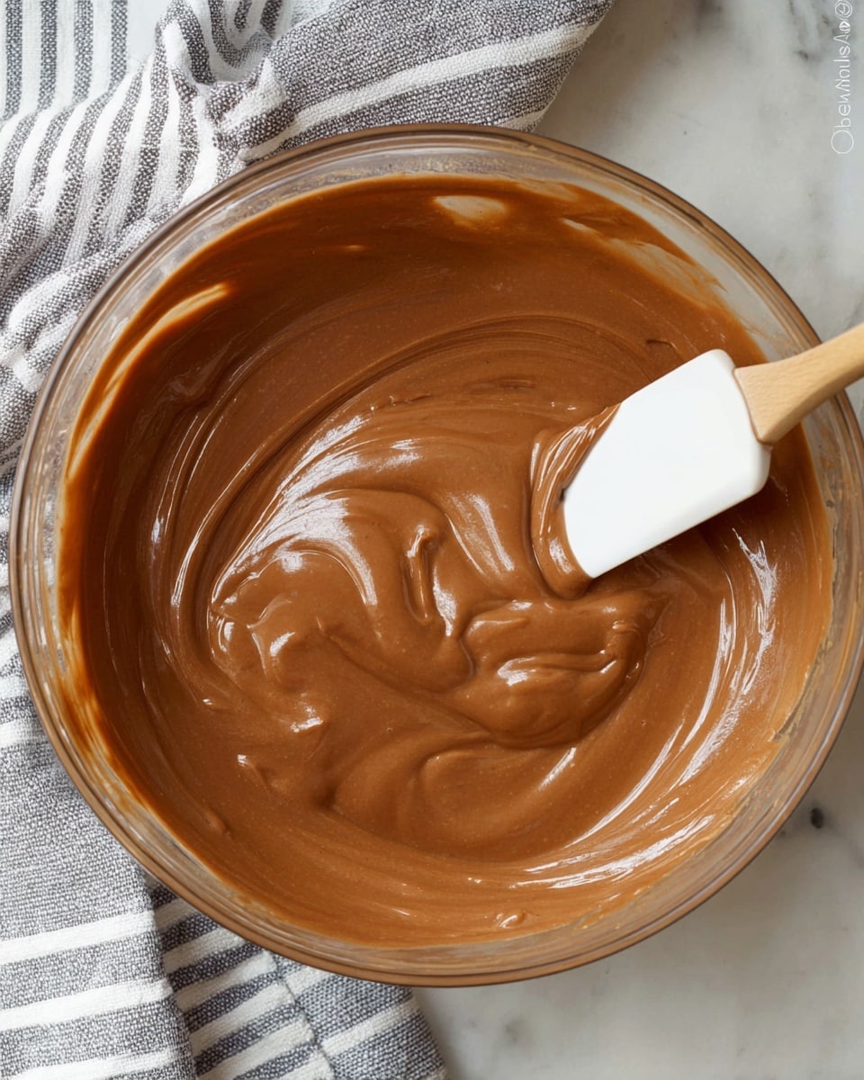 A clear glass bowl filled with smooth, creamy chocolate batter. The batter is a rich medium brown color and has a glossy texture. A white spatula with a wooden handle is partly dipped into the batter, lifting the thick mixture and creating gentle waves and swirls. The bowl is placed on a surface with a white marbled texture, next to a striped gray and white cloth. photo taken with an iphone --ar 4:5 --v 7