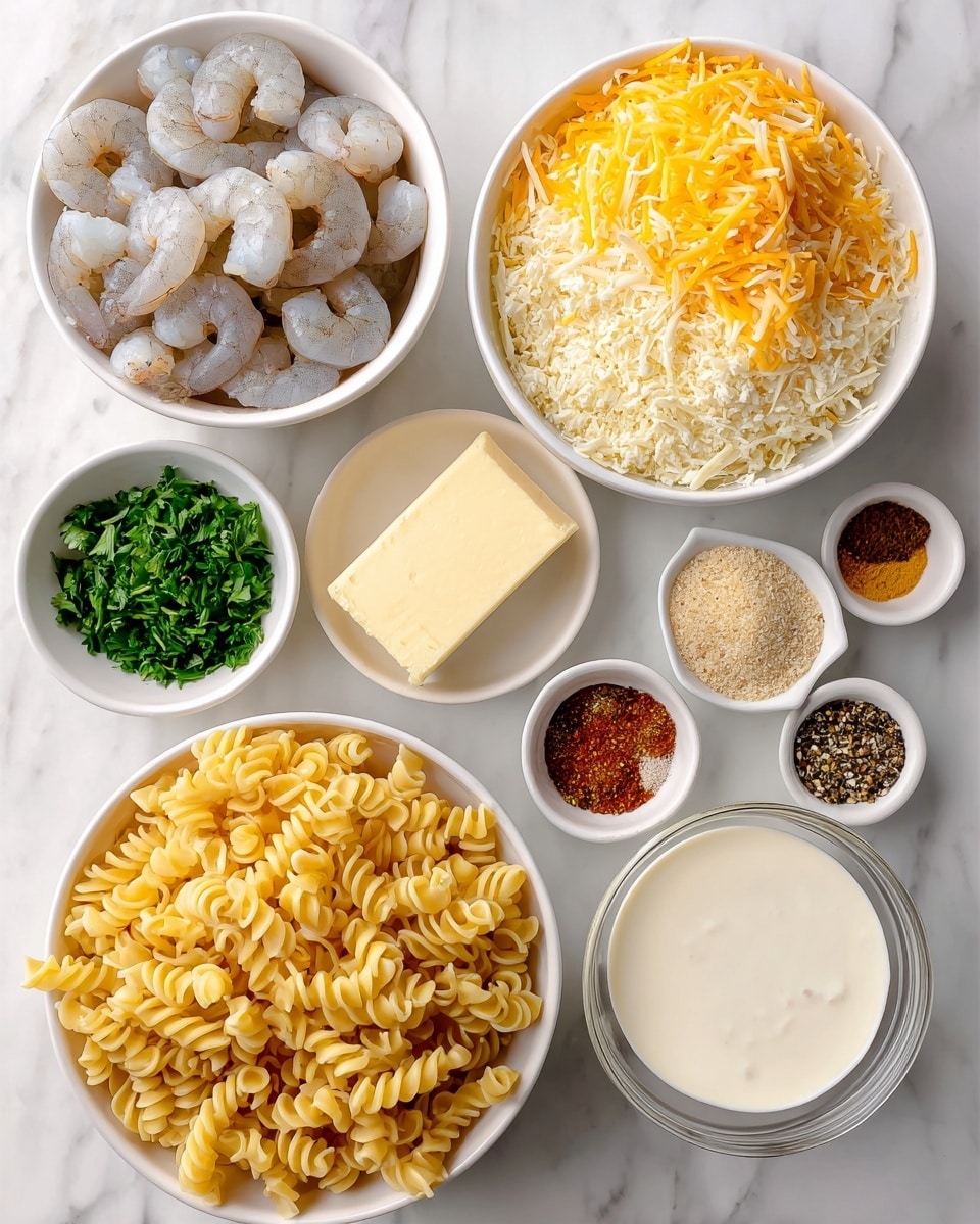 The image shows several ingredients arranged on a white marbled surface. In the center, there is a large white bowl filled with uncooked curly pasta, yellow in color. To its left, a similar sized white bowl contains raw shrimp, light grey with a slight pink tint. Above the pasta, there is a big white bowl filled with a mix of shredded yellow gruyere and white cheddar cheese. Next to the shrimp, a stick of butter lies horizontally. A small white dish holds fresh chopped parsley, bright green in color. Below are small white bowls with different ingredients: one filled with light golden breadcrumbs, another with white flour, and a third with a colorful mix of spices including red, black, and brown powders. There is also a round clear glass container with creamy white half & half. Everything is clear and neatly organized in an overhead view. Photo taken with an iphone --ar 4:5 --v 7