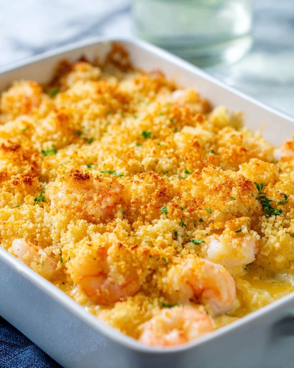 A close-up of a white baking dish filled with a golden-brown baked shrimp casserole. The top layer is crispy breadcrumbs mixed with melted cheese, showing various shades of yellow and light brown. Underneath, pink shrimp pieces are visible, mixed with a creamy sauce giving a soft texture. Small green herb bits are sprinkled on top, adding freshness. The dish is set on a white marbled surface, and the background is softly blurred with a glass of water barely visible. Photo taken with an iphone --ar 4:5 --v 7