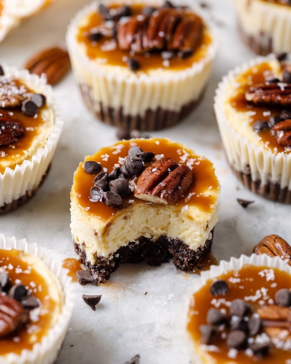The image shows small cheesecakes in white paper liners on a white marbled surface. Each cheesecake has three layers: the bottom layer is dark brown with a crumbly texture, the middle layer is creamy pale yellow and smooth, and the top layer has a shiny caramel glaze with dark chocolate chips and pecan halves scattered on top. One cheesecake in the center has a bite taken out of it, revealing the creamy inside and crumbly base. There are small flakes of salt sprinkled on the caramel, and few chocolate chips are scattered around on the surface. Photo taken with an iphone --ar 4:5 --v 7