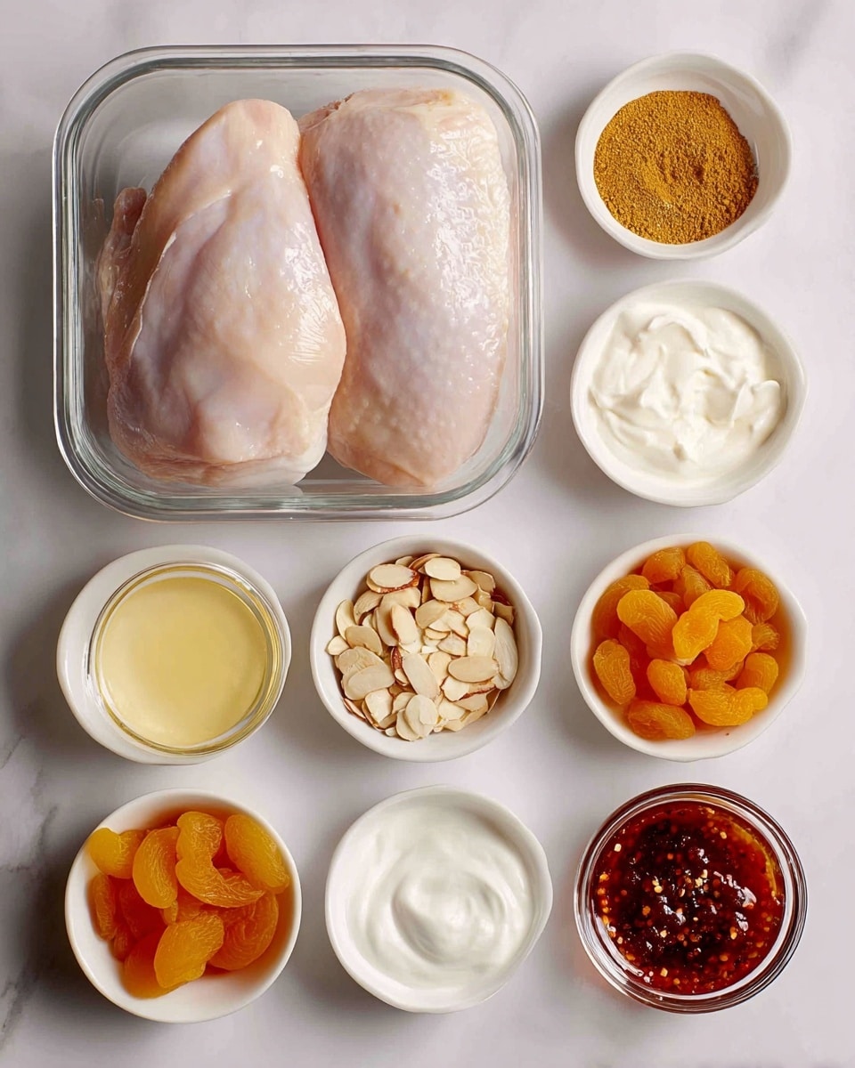 The image shows two large raw chicken pieces placed side by side inside a clear glass container at the top left. Surrounding the container are seven small white bowls arranged neatly in rows on a white marbled surface. The top row features a bowl of golden brown spice powder on the right of the container and a bowl of creamy white yogurt next to it. In the middle row, from left to right, there are golden toasted sliced almonds, bright orange chopped dried apricots, and a small bowl with a pale yellow liquid. The bottom row has a small bowl of thick white cream on the left, next to a tiny bowl containing both black pepper and salt, and to the right a bowl of reddish glossy sauce with small chunks scattered in it. Photo taken with an iphone --ar 4:5 --v 7