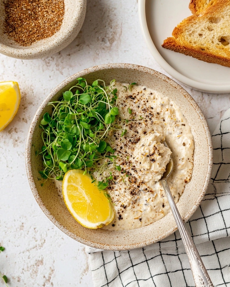 A speckled beige bowl sits on a white marbled surface with a piece of cloth underneath featuring a black grid pattern. Inside the bowl, there are three layers: on the right, a creamy white mixture with small dark brown specks and a rough texture fills most of the bowl; on the upper left, fresh green microgreens form a small pile; and at the bottom left, a bright yellow lemon wedge with visible pulp adds color contrast. A silver spoon is partially submerged in the creamy mixture on the right side of the bowl. Near the bowl, a piece of toasted bread sits on a white plate. In the top left corner, part of another speckled beige bowl contains a brown spice mixture, and a lemon half is also visible. Photo taken with an iphone --ar 4:5 --v 7