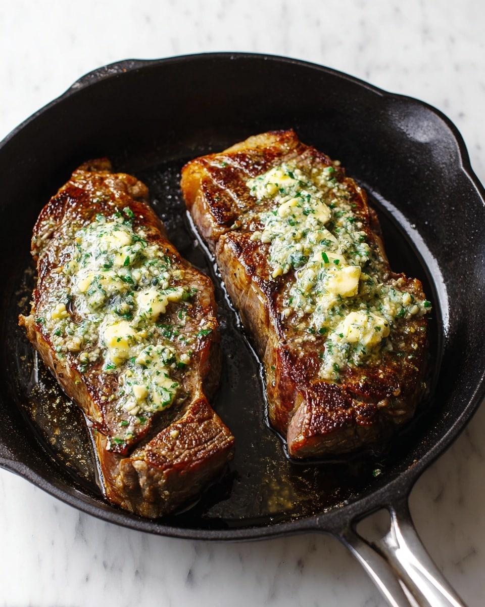 Two thick pieces of cooked steak sit side by side in a black cast iron pan on a white marbled surface. Each steak has a golden-brown seared crust with dark grill marks and is topped with a layer of soft, melting herb butter mixed with small green parsley bits and finely chopped garlic, giving a creamy and slightly chunky texture. The steaks appear juicy and tender, with the butter slowly melting into the warm surface, adding a shiny gloss. The pan handle extends to the right, and natural light highlights the rich colors and textures of the meat and butter. Photo taken with an iphone --ar 4:5 --v 7