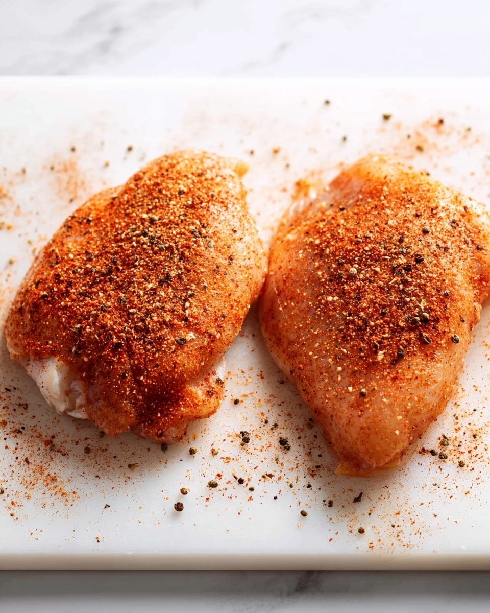 Two raw chicken pieces sit side by side on a white cutting board placed on a white marbled surface. Each piece is covered evenly with a reddish-orange spice mix that has small brown and black specks. Some spice is sprinkled around the chicken on the cutting board, adding texture and contrast to the smooth surface. The chicken pieces have a slightly shiny and fresh appearance, showing their raw state. photo taken with an iphone --ar 4:5 --v 7