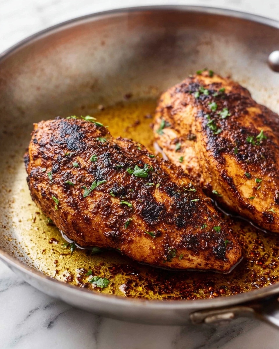 Two large pieces of cooked chicken with a browned, spicy crust sit in a silver frying pan. The chicken has a rough, crispy texture with dark grill marks and is sprinkled with small green herb bits. Around the chicken, there is a shiny layer of cooking oil mixed with browned bits from the spices. The frying pan has a steel surface with a slightly worn look, and the background is a white marbled texture. photo taken with an iphone --ar 4:5 --v 7