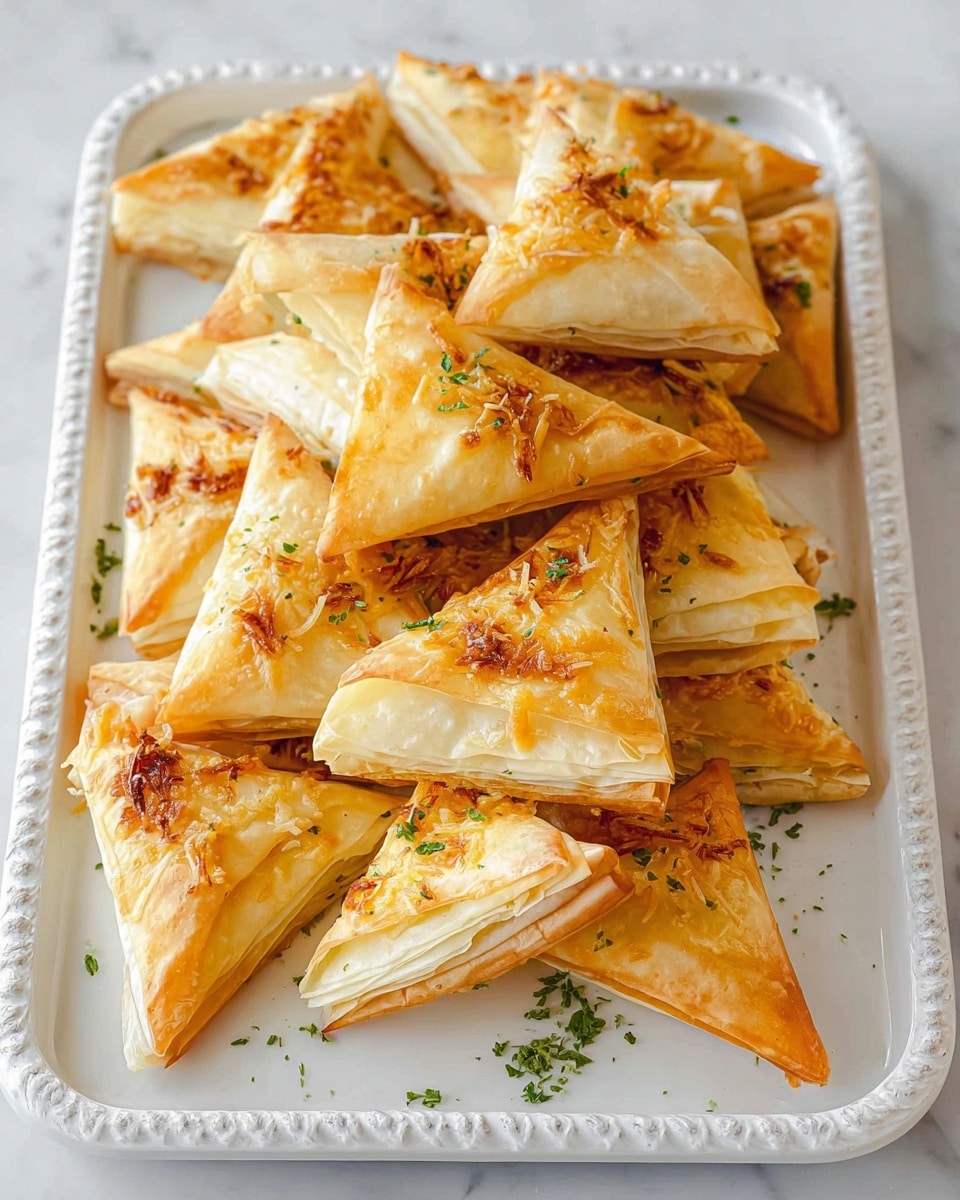 A white rectangular plate is filled with two layers of triangular pastries, each golden brown with slightly crispy edges and a few toasted cheese shreds on top. The pastries have a smooth, thin outer skin with light browning and are scattered with small green herb pieces on the surface. The plate rests on a white marbled texture background, showing rope details on the plate's edge, giving a clean, fresh look. photo taken with an iphone --ar 4:5 --v 7