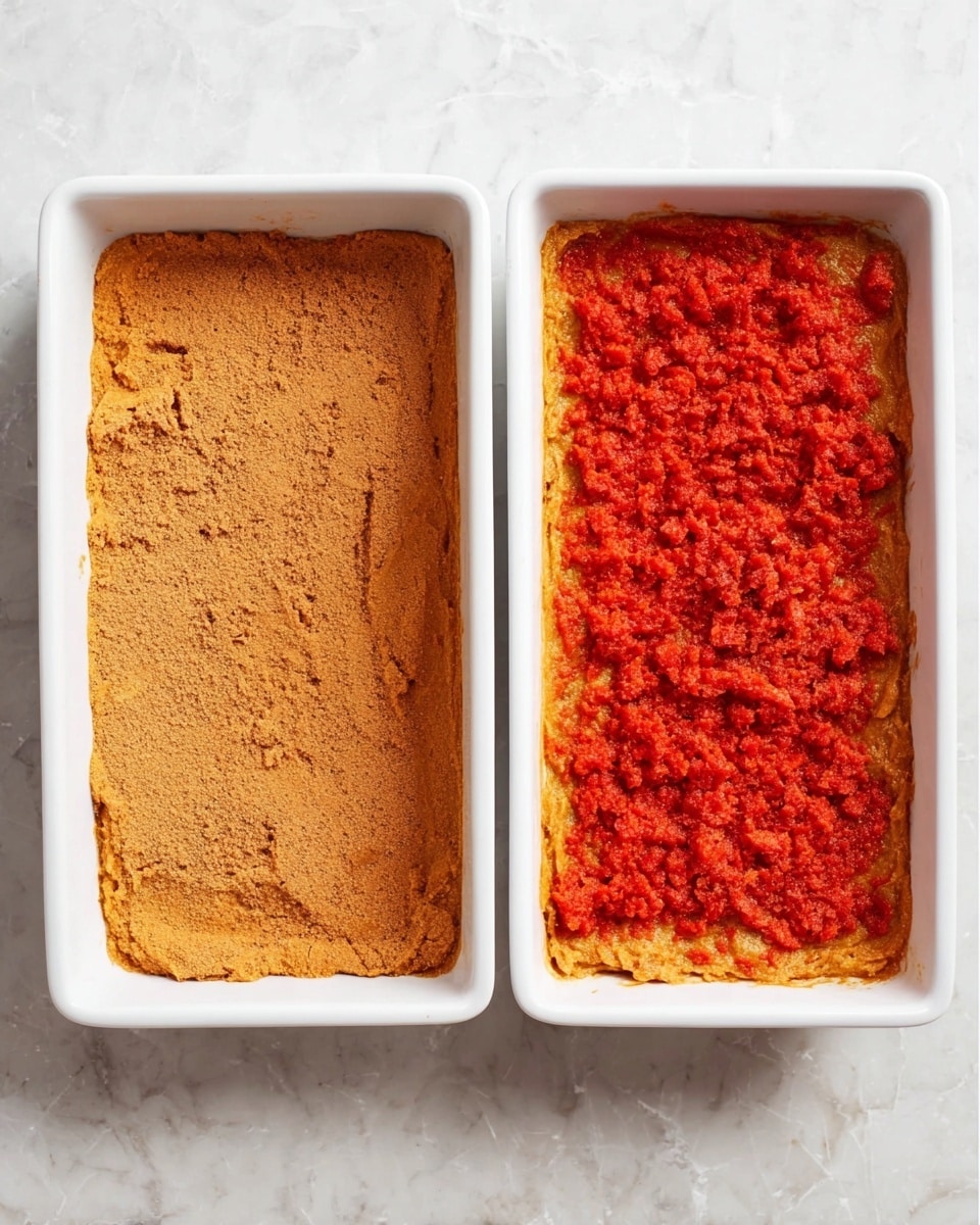 The image shows two white rectangular dishes placed side by side on a white marbled surface. The dish on the left holds an evenly spread thick orange-brown layer with a rough texture, which covers the whole inside of the dish up to the edges. The dish on the right contains the same orange-brown layer on the bottom, topped with a chunky red layer made of small pieces spread across the surface, adding a coarse texture and a bright splash of color. Photo taken with an iphone --ar 4:5 --v 7