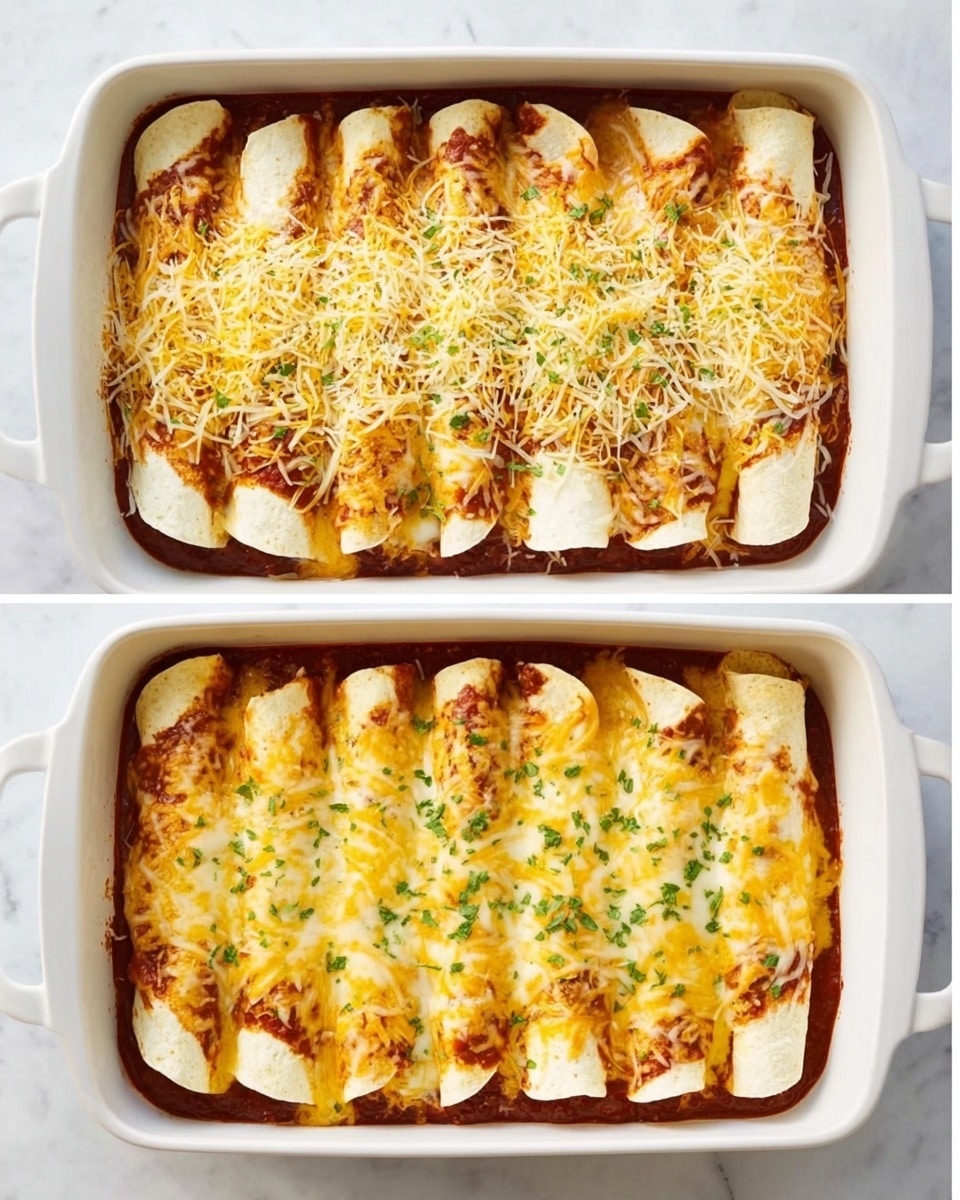 The dish shows a white rectangular baking dish filled with eight rolled tortillas lined up side by side in one layer. The bottom layer is covered with red sauce, then come the rolled tortillas, which are soft white with slightly browned edges. On top of the tortillas, there is a thick layer of shredded yellow and white cheese covering the entire dish evenly in the first image. In the second image, the cheese layer is melted and bubbly, with golden brown spots and some melted cheese dripping slightly over the sides of the tortillas. Small green herb sprinkles are scattered on top of the melted cheese, adding a fresh touch. The baking dish is placed on a white marbled surface. photo taken with an iphone --ar 4:5 --v 7