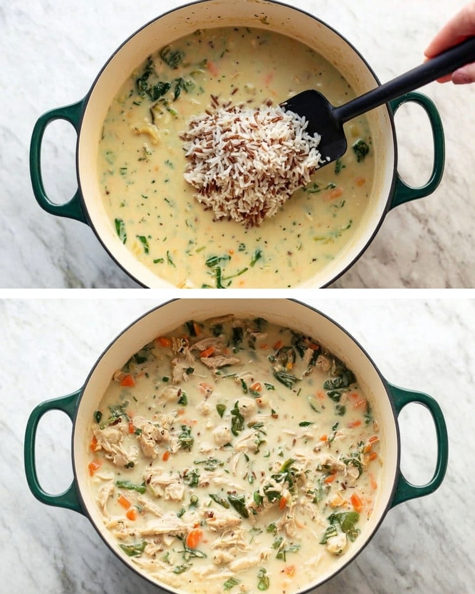 A white round pot with green handles shows a creamy soup with visible green leafy vegetables floating in the thick pale yellow broth. A woman's hand holding a black spatula is adding a scoop of brown and white rice on top of the soup in the first image. In the second image, the same pot contains a mixed creamy soup with small chunks of orange carrots, pieces of shredded light brown meat, scattered green herbs, and bits of cooked rice, all blended in the pale yellow broth. The pot is placed on a white marbled surface. Photo taken with an iphone --ar 4:5 --v 7
