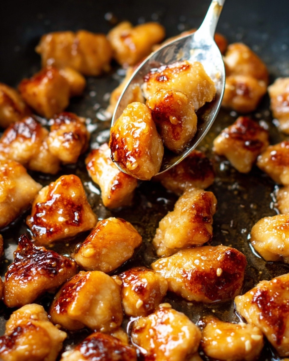 The image shows many small pieces of golden brown chicken with a shiny glaze on a shiny black pan. Each piece has a slightly crispy surface with some darker brown spots from cooking. A silver spoon holds a few pieces, lifting them to show their juicy texture. The scene is close-up, focusing on the chicken’s caramelized color and glossy sauce. The background is a white marbled texture photo taken with an iphone --ar 4:5 --v 7