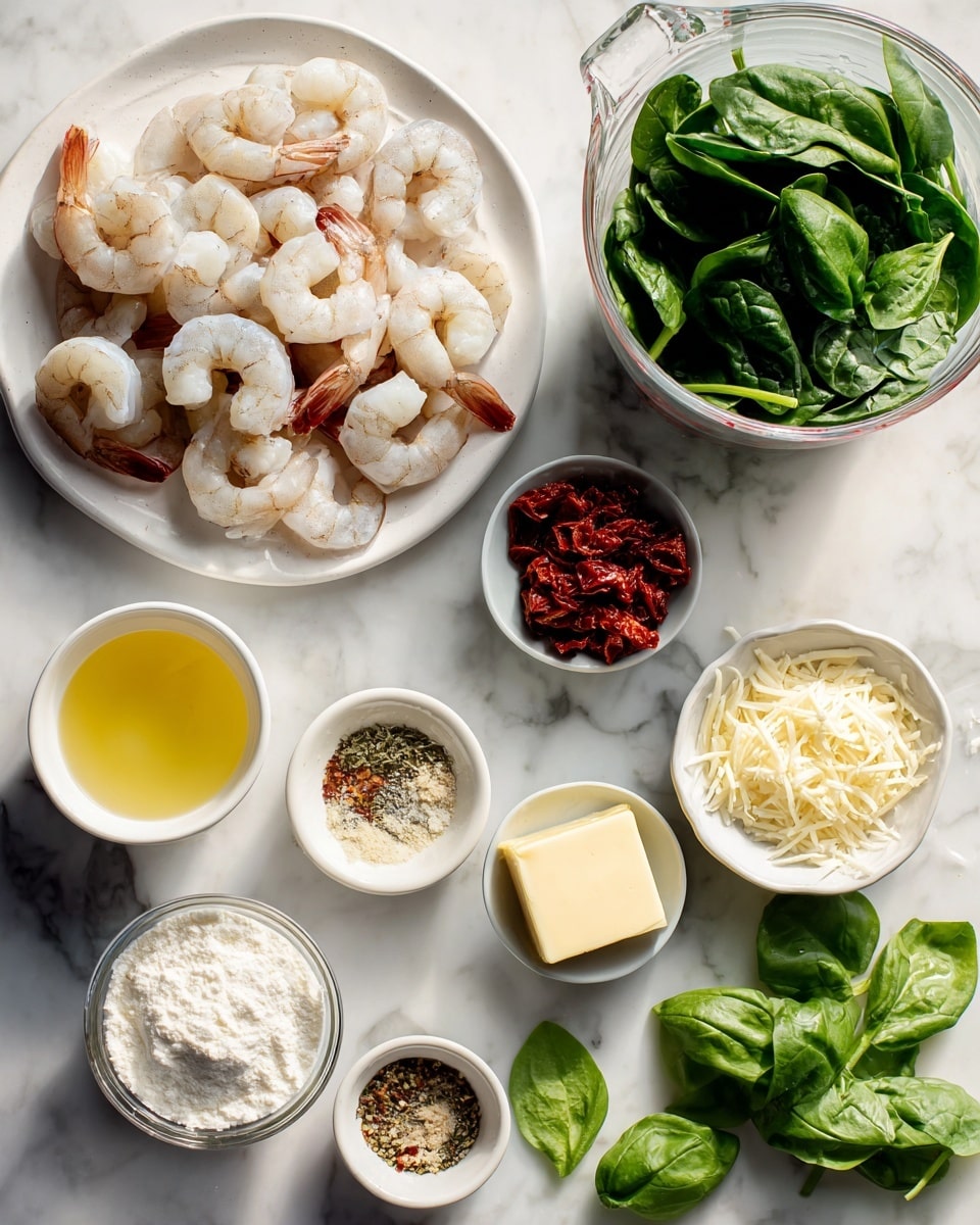 A white marbled surface holds several small white bowls and a few larger transparent and white dishes, all containing fresh ingredients arranged neatly. On the left, a white round plate holds a pile of light pink raw shrimp with tails attached, showing smooth textures. To the right, a clear measuring cup is filled with fresh, dark green spinach leaves that look crisp and vibrant. Below and spread around are small white bowls with various ingredients: one holds pale yellow lemon juice, another shows a small serving of white flour, a bowl of rich red sun-dried tomato pieces, a pile of finely minced pale yellow garlic, some coarse Italian seasoning in mixed shades of brown and green, and a small block of light yellow butter. Near the bottom right are fresh green basil leaves with visible veins and a glossy texture, scattered freely on the white marbled surface. The scene is clean, bright, and organized, with natural lighting highlighting the freshness of each ingredient photo taken with an iphone --ar 4:5 --v 7