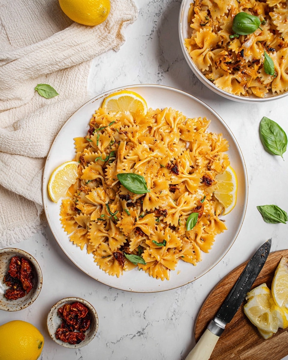 A round white plate sits on a white marbled surface, piled with orange-colored farfalle pasta mixed with caramelized onions and small green herbs scattered throughout. The pasta is topped with a few whole basil leaves, and thin lemon slices peek from underneath the pasta on one side of the plate. Nearby on the right is a white bowl filled with more of the same pasta and lemon slices. Smaller bowls hold a whole lemon with basil leaves and sun-dried tomatoes, also on the white marbled surface. A wooden board with a knife and lemon wedges rests to the bottom right, with a woman's hand slightly visible holding the handle. A cream-colored cloth is casually draped in the top left corner. photo taken with an iphone --ar 4:5 --v 7