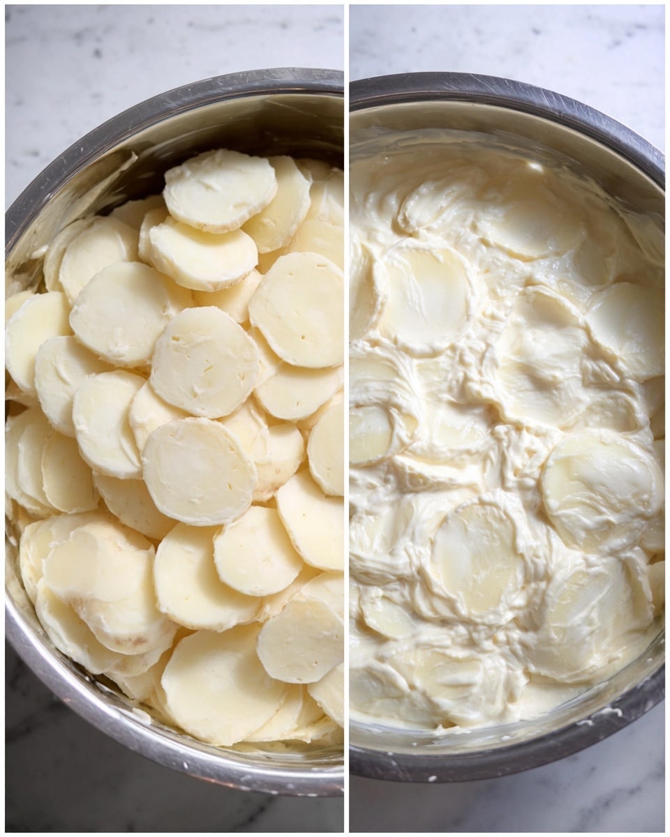 The image shows two close-up views of a metal bowl filled with sliced white potatoes and creamy sauce. On the left, a pile of thinly sliced, pale white potato pieces sits on top of a creamy, light yellow mixture. On the right, the potato slices are mixed evenly into the thick, pale creamy sauce, fully coated and blending with the smooth, slightly lumpy texture. The bowl is set against a white marbled surface. photo taken with an iphone --ar 4:5 --v 7