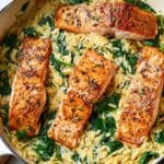 One Skillet Lemon Parmesan Salmon with Orzo Recipe