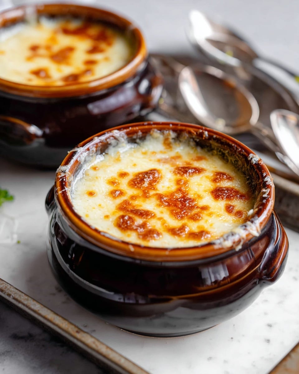 Two dark brown ceramic bowls filled with a creamy dish that has a golden-brown, slightly bubbly top layer of melted cheese. Each bowl shows small browned spots and slightly melted edges where some cheese has dripped. The bowls are placed on a silver baking tray over a white marbled surface, with a few silver spoons laying nearby. The focus is on the front bowl with the second bowl slightly blurred in the background. Photo taken with an iphone --ar 4:5 --v 7