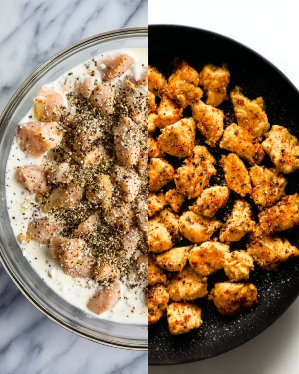 The image shows two side-by-side pictures. On the left, a clear glass bowl contains small pieces of raw chicken mixed with white creamy sauce and sprinkled with black pepper and other spices, creating a textured and speckled look. On the right, the same chicken pieces are now cooked and golden brown, with a slightly crispy and rough surface, spread evenly on a black pan. The cooked chicken pieces contrast with the dark pan, showing a rich golden color and uneven shapes. The background is white marble in both pictures. Photo taken with an iphone --ar 4:5 --v 7