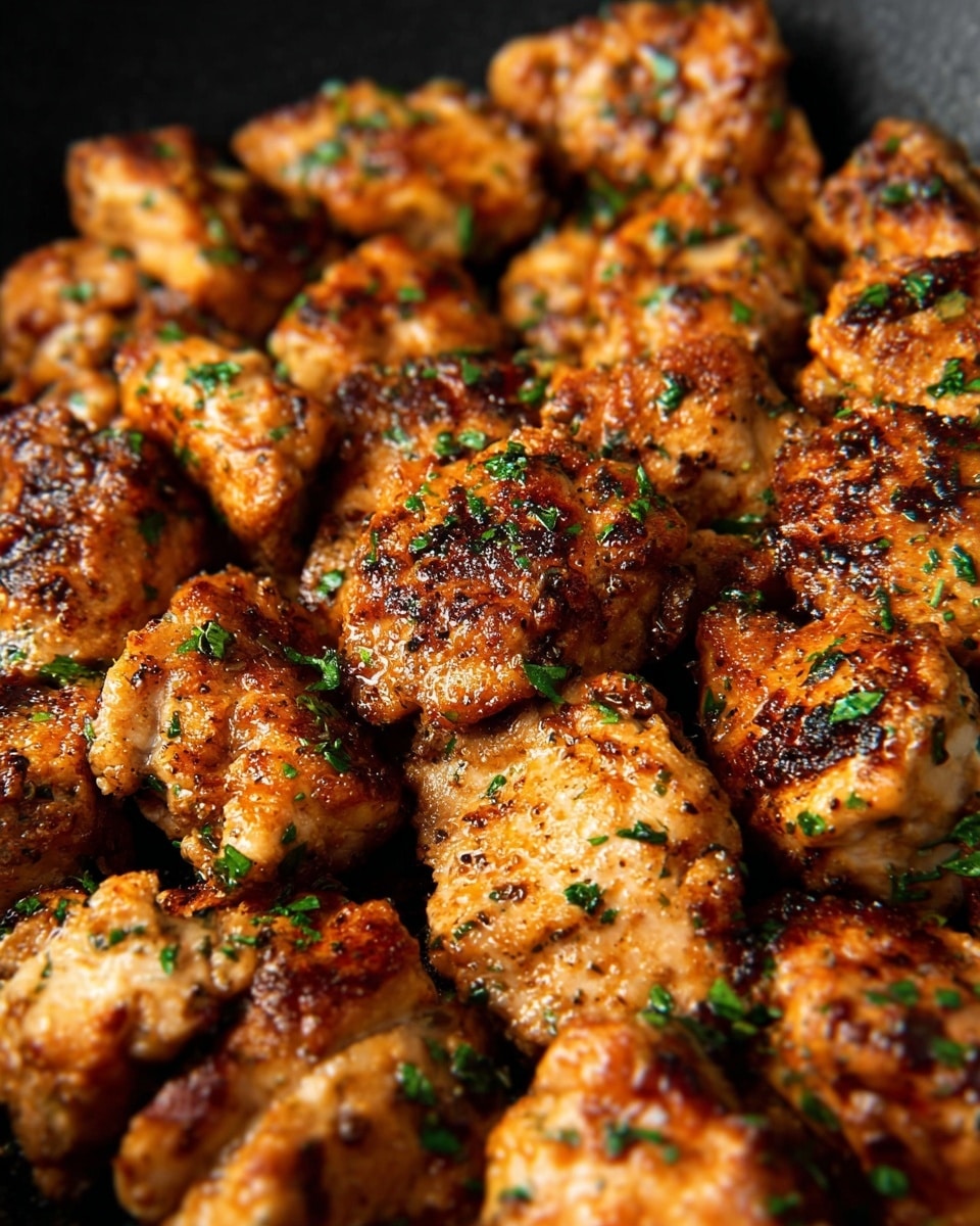 The image shows many pieces of cooked chicken with a golden brown color and a slightly crispy texture, scattered closely together in a black pan. Small green herb bits are sprinkled over the chicken, adding a touch of bright color. The chicken pieces have uneven shapes and a browned surface with visible seasoning, giving a rich and savory look. The photo focuses closely on the chicken, capturing the shine and slight char on each piece. The background is simple and dark, making the chicken stand out vividly. photo taken with an iphone --ar 4:5 --v 7