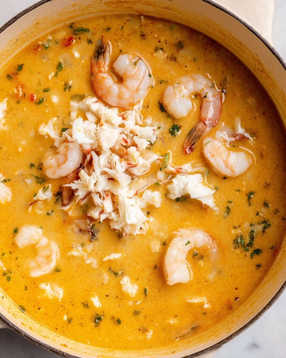 This image shows a close-up view of a creamy orange soup in a white pot, filled with small shrimp that are pale pink with a firm texture and chunks of white crab meat sitting on top, floating in the orange broth. The soup base has a smooth, thick texture with some small visible bits of herbs and diced vegetables. The white pot is filled almost to the edge, sitting on a white marbled surface. Photo taken with an iphone --ar 4:5 --v 7
