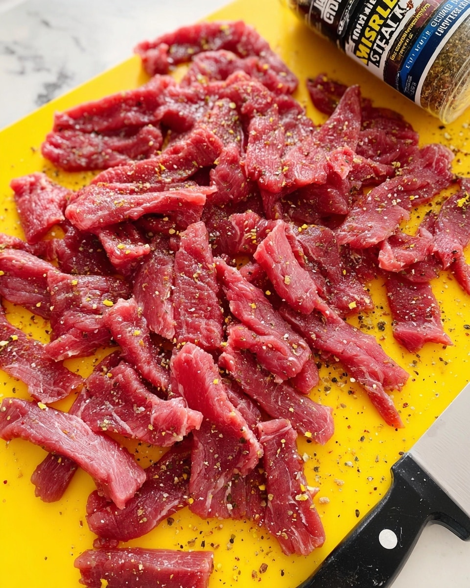 The image shows many thin strips of raw red meat spread out on a bright yellow cutting board placed on a white marbled surface. The meat strips have a fresh, slightly wet texture with some fat marbling visible and are sprinkled with small black and yellowish seasoning flakes. To the right side of the cutting board, there is a black knife with white speckled dots on the handle. In the top right corner, a small container of seasoning labeled “Grill Mates Montreal Steak” is visible. Photo taken with an iphone --ar 4:5 --v 7