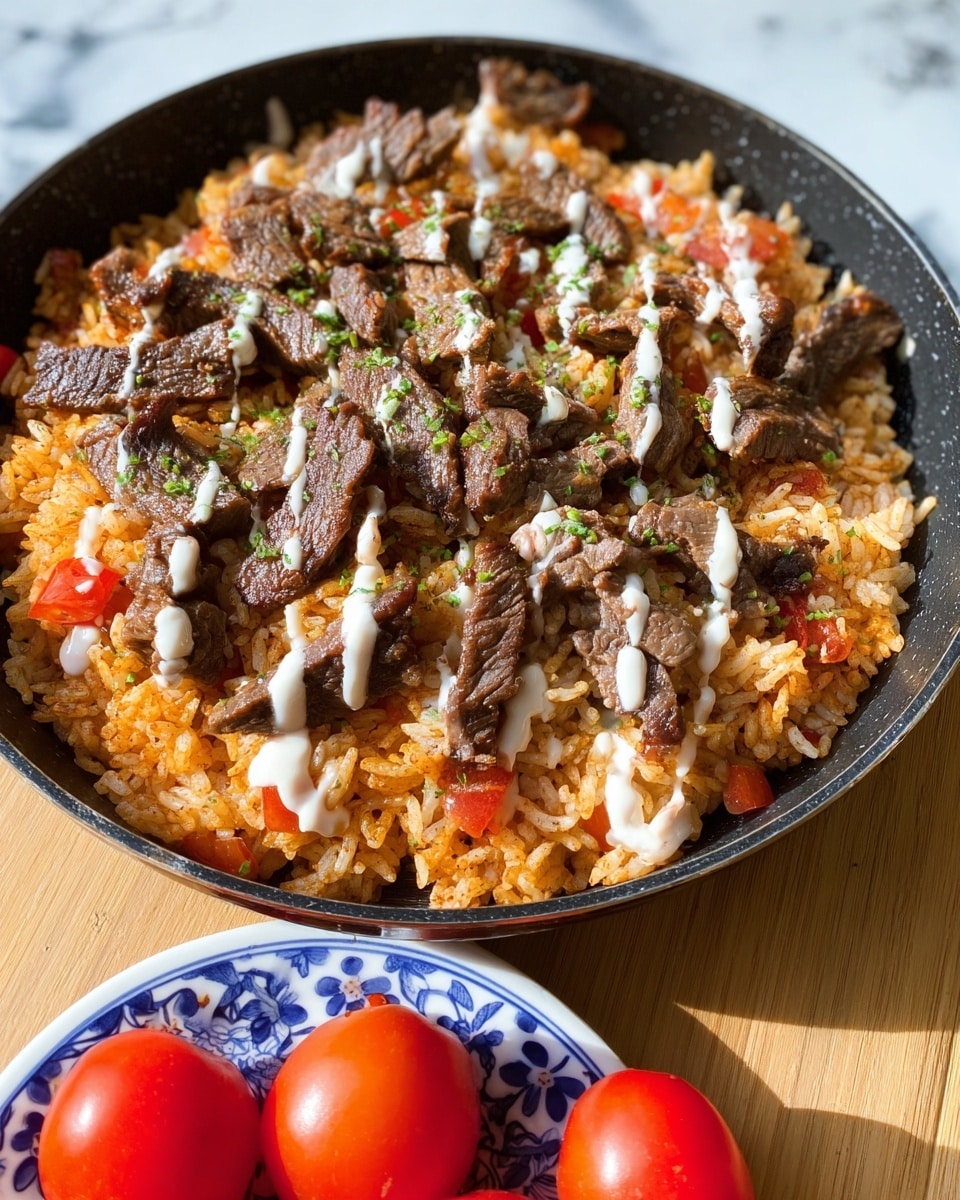 The image shows one large black pan filled with two main layers: the bottom layer is orange-colored rice mixed with small pieces of red tomato, and the top layer is made of browned, thinly sliced cooked beef strips. The beef pieces are scattered unevenly over the rice, and the dish is drizzled with a light cream-colored sauce in thin lines. Small green herb pieces are sprinkled over the beef and sauce, adding specks of green. In the foreground, there are three whole red tomatoes on a white plate with blue floral patterns, sitting on a light wooden surface. The background is a white marbled texture. photo taken with an iphone --ar 4:5 --v 7