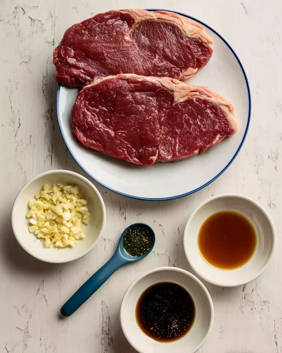 The image shows a white plate with a blue rim holding two raw meat steaks, one darker red on top and one lighter with more fat at the bottom. Below the plate, there are four white small bowls and a blue spoon placed on a white marbled surface. The first bowl on the left contains chopped garlic and ginger, the blue spoon next to it holds dark green liquid, and the two bowls on the right have light brown and dark brown sauces. Photo taken with an iphone --ar 4:5 --v 7