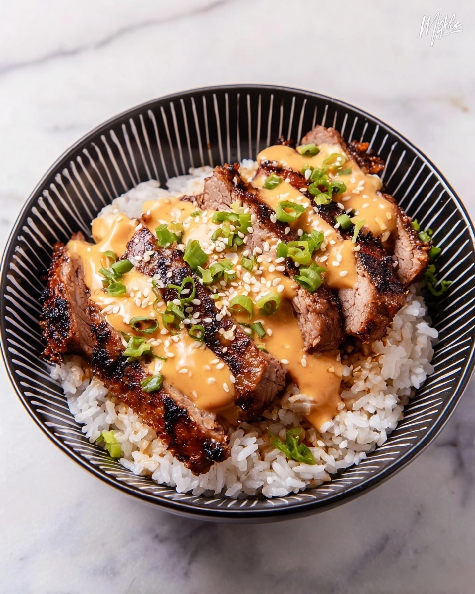 A black bowl with white circular patterns holds a bed of white rice as the base layer. On top of the rice are five slices of grilled dark brown meat with a slightly charred texture. A creamy light orange sauce is drizzled over the meat, sprinkled with white sesame seeds, and chopped green onions are scattered on top. The bowl is placed on a white marbled surface. Photo taken with an iphone --ar 4:5 --v 7