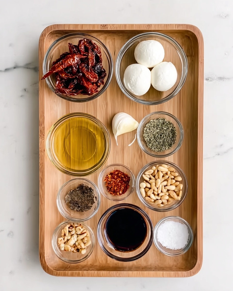 A wooden tray holds nine small glass bowls and one peeled garlic clove, all arranged neatly on a white marbled surface. In the top left, a bowl is filled with dark red sun-dried tomatoes. Next to it on the right, a bowl contains two round, white mozzarella balls with a smooth texture. Below the tomatoes, a bowl holds light golden olive oil that looks shiny and clear. In the middle between the bowls, a single peeled garlic clove sits on the tray. To the right of the garlic, a small bowl is filled with dark brown balsamic vinegar. Below the olive oil, a bowl contains mixed pine nuts in light tan and pale yellow colors. Next to it on the right, there is a small bowl with green dried herbs. Below those, aligned left, a bowl has dark ground black pepper, in the center a bowl contains red chili flakes, and on the right a bowl has coarse white salt. The arrangement is clean and bright with soft natural light, photo taken with an iphone --ar 4:5 --v 7