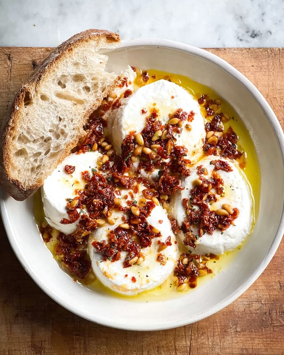 A white round plate with four large, smooth white cheese rounds placed in the center and slightly overlapping. The cheese is covered with chunky reddish sun-dried tomato mixture, scattered pine nuts, and a drizzle of golden olive oil pooling around the cheese. A single slice of rustic light brown bread leans against the cheese on the left side, partially covered with cheese and tomato topping. The plate is on a white marbled surface. photo taken with an iphone --ar 4:5 --v 7