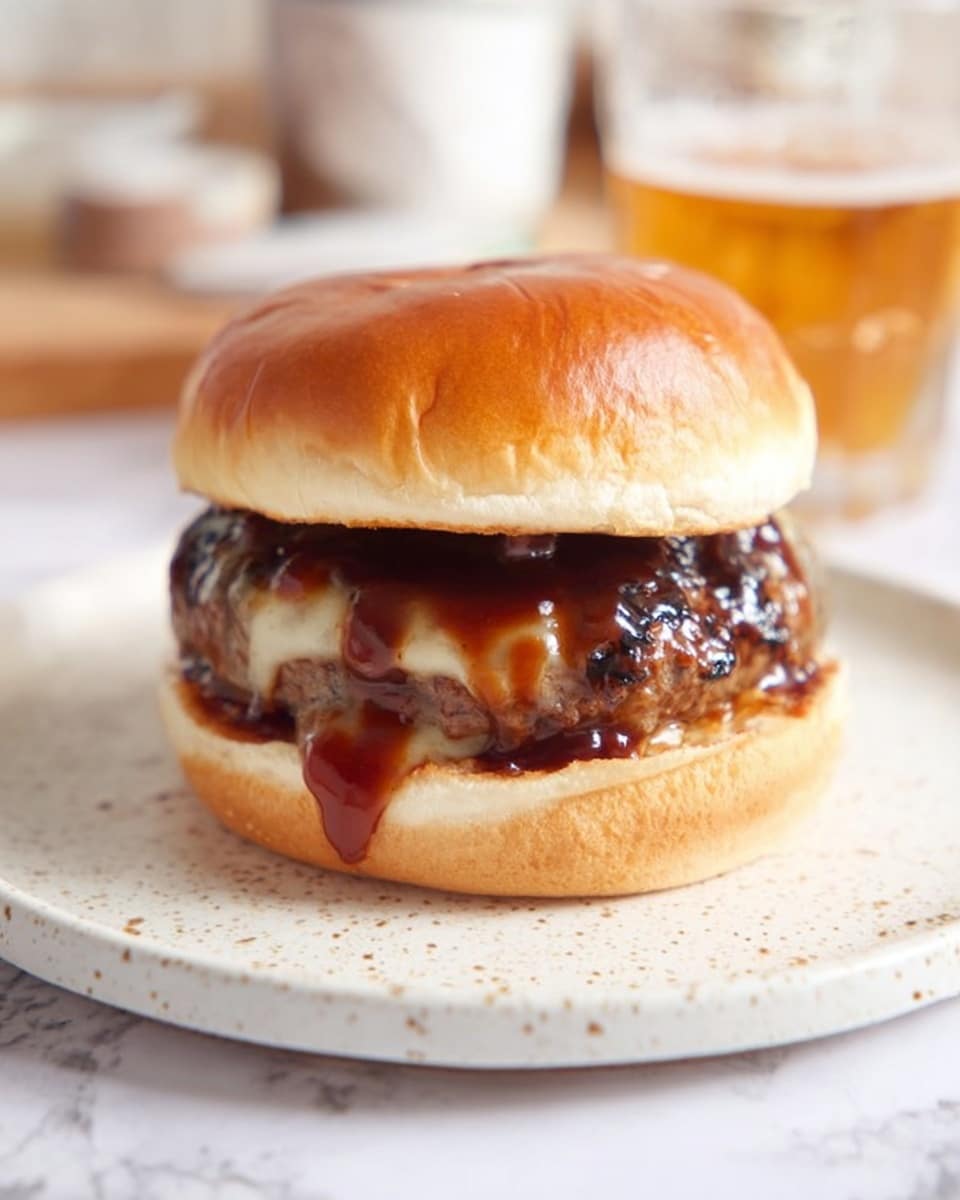 A plain burger sits on a white plate with light brown spots, placed on a white marbled surface. The burger has a soft, shiny top bun that is light golden brown. Beneath the bun is a thick, juicy patty with dark brown grill marks and melted cheese that is slightly melting down the sides. The cheese is covered in a shiny, dark reddish-brown sauce that drips slightly over the edge of the patty. Below the patty is a soft, light brown bottom bun. In the background, there is a blurry glass of light golden liquid and some kitchen elements, all on the white marbled surface. Photo taken with an iphone --ar 4:5 --v 7