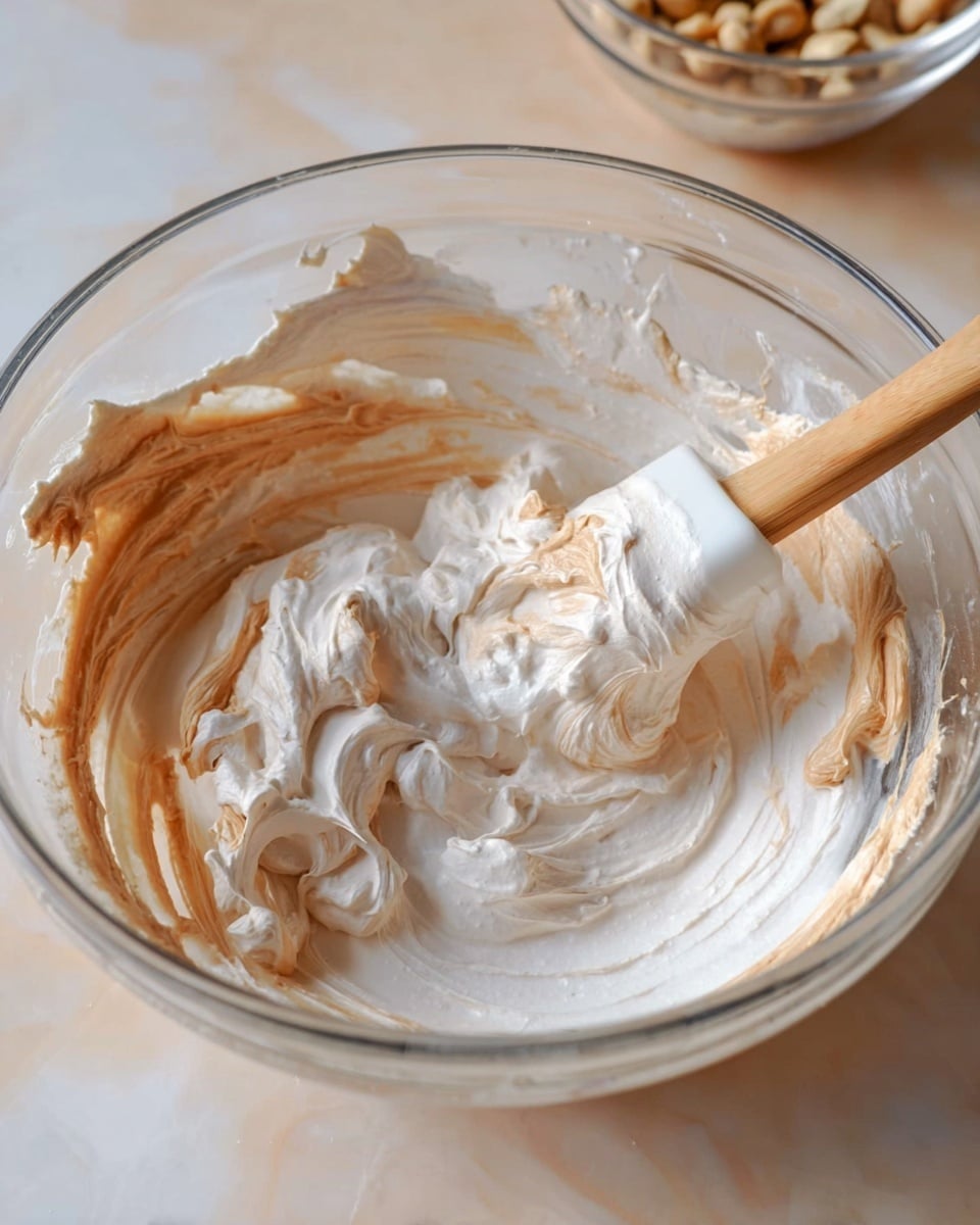 A clear glass bowl shows a mix of thick white cream and light brown swirls being folded together with a spatula that has a wooden handle and white silicone head. The creamy mix has soft peaks and ridges with smooth and textured areas showing the brown swirls blending gently into the white cream. The bowl sits on a white marbled surface, and part of a clear glass bowl with cashew nuts is seen blurred in the background. photo taken with an iphone --ar 4:5 --v 7