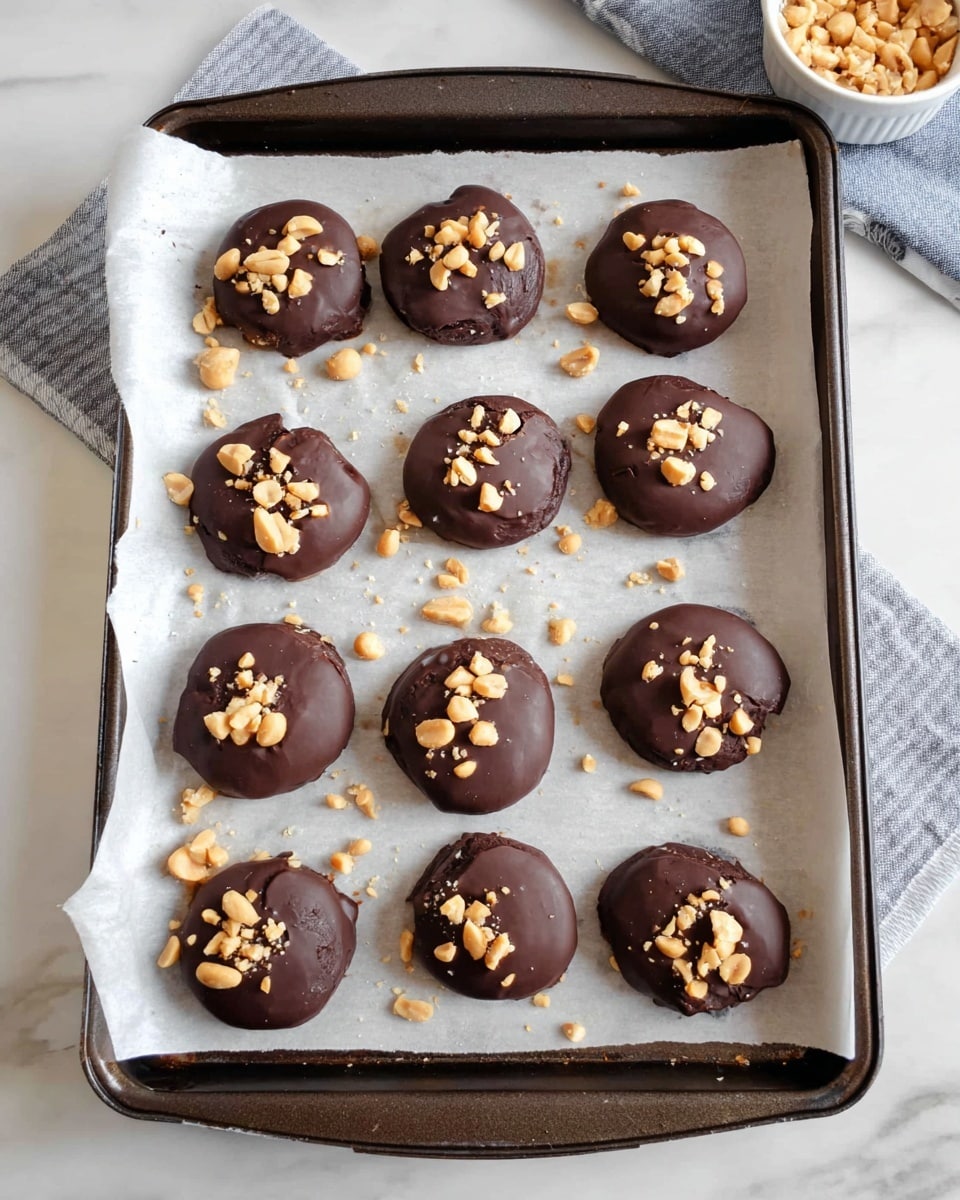The image shows eleven round chocolate treats on a baking tray lined with white parchment paper. Each treat is covered in smooth dark brown chocolate and topped with light golden chopped peanuts that add texture and color contrast. The treats are spaced evenly across the tray, with some scattered peanut pieces around them. The tray is placed on a white marbled surface with a small white bowl of more chopped peanuts partially visible in the upper corner. The overall look is neat and inviting, with a warm homemade feel. photo taken with an iphone --ar 4:5 --v 7
