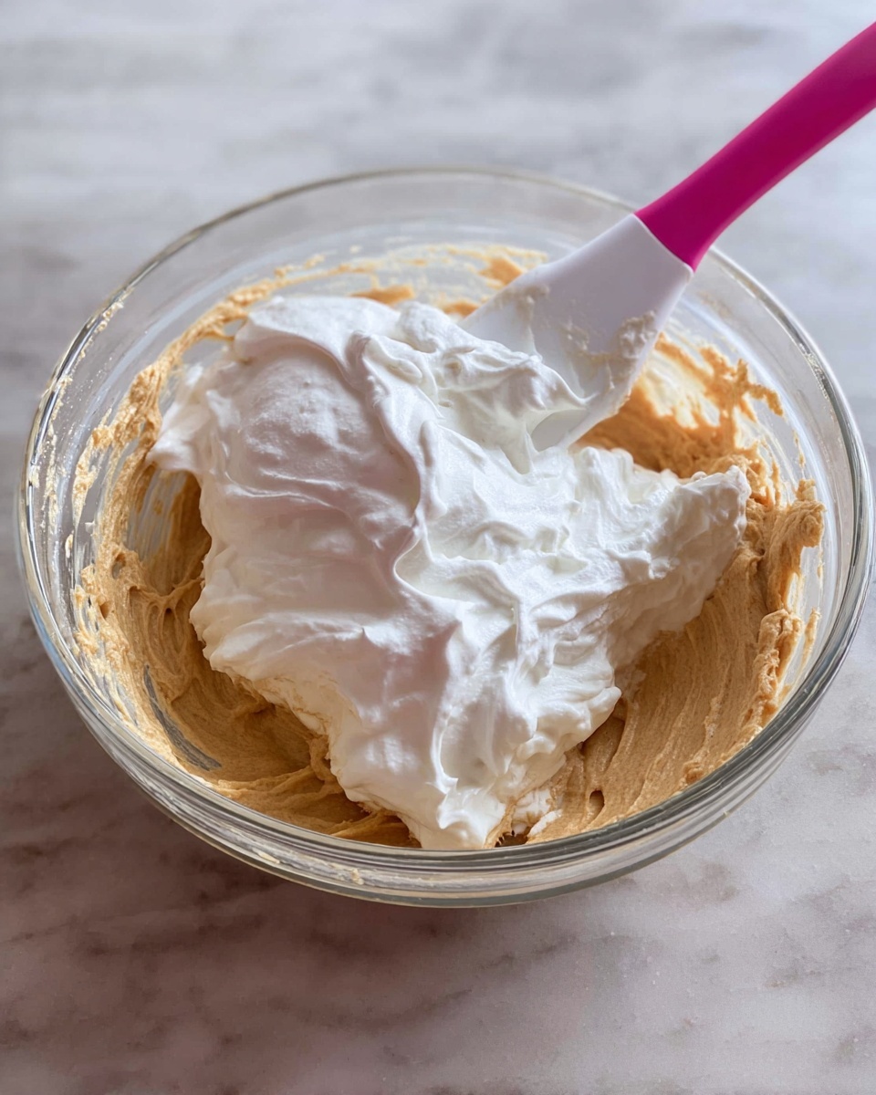 Peanut Butter Cheesecake Dip Recipe 4 A clear glass bowl contains two main layers of mixture. The bottom layer is light brown, thick, and creamy with a slightly rough texture. On top of this is a thick dollop of bright white whipped cream that looks fluffy and smooth. A white spatula with a pink handle is partially submerged in the whipped cream, gently lifting some of it. The bowl is placed on a white marbled surface. Photo taken with an iphone --ar 4:5 --v 7