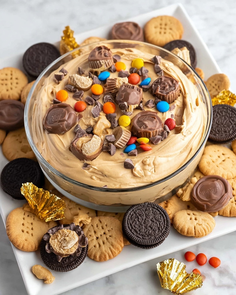 A clear glass bowl filled with smooth, creamy peanut butter dip in a light tan color, topped with whole and chopped mini peanut butter cups, small dark chocolate chips, and colorful candy-coated chocolates scattered on the surface. The bowl sits on a large white square plate with many peanut-shaped cookies around it, as well as some chocolate-covered round cookies and a few mini peanut butter cups wrapped in gold foil placed decoratively around the edges. The setting is on a white marbled surface, bright and clean. photo taken with an iphone --ar 4:5 --v 7