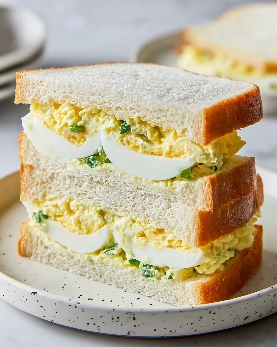 A sandwich cut in half showing three layers: two thick slices of soft white bread with a light golden crust on top and bottom, a thick layer of pale yellow, fluffy egg salad with small green pieces mixed inside in the middle, and a layer of smooth white sliced boiled egg just above the egg salad. The sandwich is placed on a white plate with small black speckles, set on a white marbled surface. photo taken with an iphone --ar 4:5 --v 7