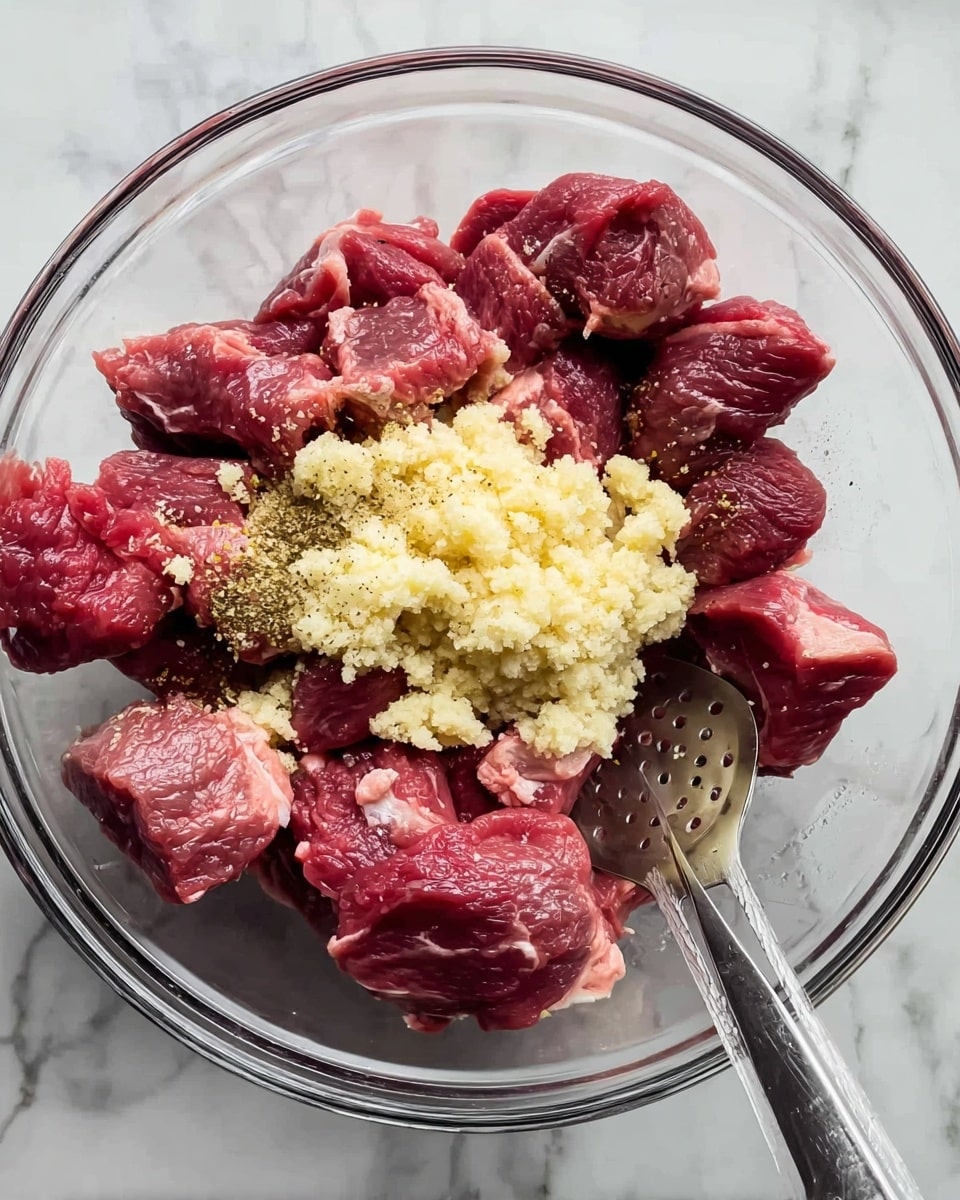The image shows a clear glass bowl with several pieces of raw red meat placed inside, with chunks showing some white fat on the edges. On top of the meat, there is a heap of finely mashed pale yellow mixture, likely garlic and spices, with a bit of black pepper visible on it. A metal spoon with holes rests inside the bowl on the right side, the bowl is placed on a white marbled surface. Photo taken with an iphone --ar 4:5 --v 7