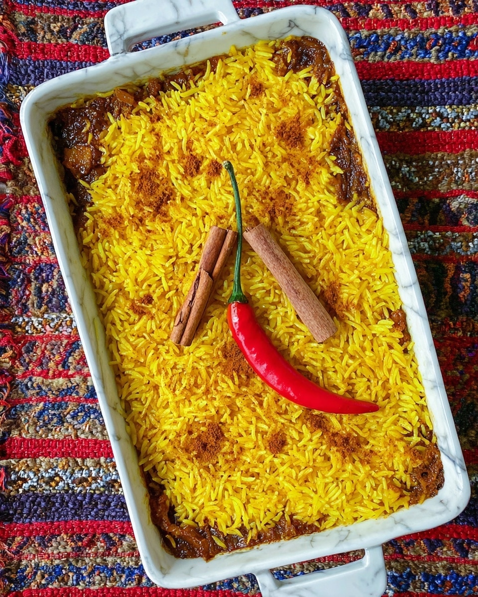 A rectangular white ceramic baking dish filled with a layered yellow rice dish. The top layer is made of bright yellow rice with visible spices, covering a darker, richly colored base layer likely containing meat or sauce. On top of the rice, there are two cinnamon sticks placed vertically near the right side and one cinnamon stick placed horizontally near the top. A single long red chili pepper with a green stem lies curved near the center, adding a vibrant contrast. The dish sits on a colorful woven textile with red, blue, beige, and black patterns, but the surface beneath is a white marbled texture. Photo taken with an iphone --ar 4:5 --v 7