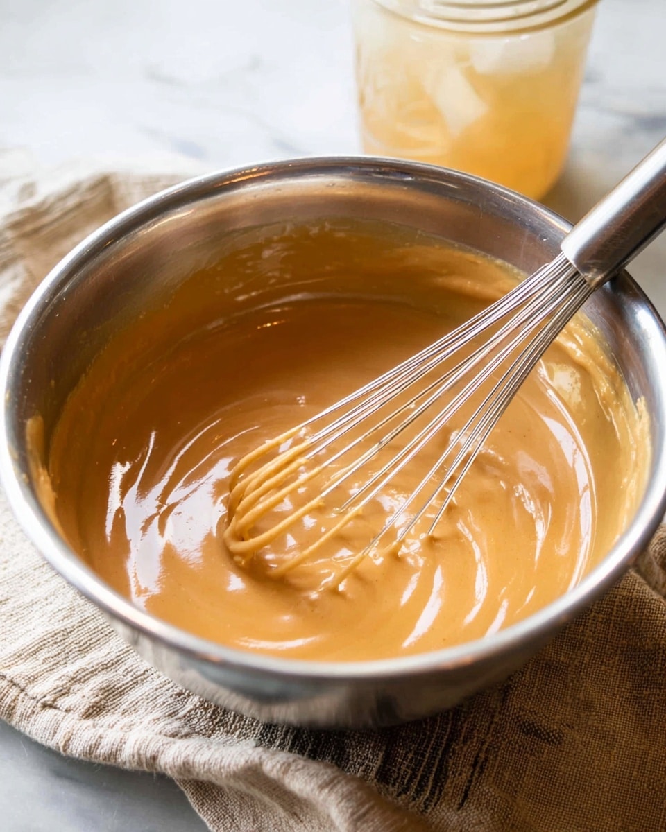 A close-up view of a shiny metal bowl filled with smooth, thick, light brown creamy sauce with a shiny surface. A metal whisk is inside the bowl with sauce coating its wires. The bowl is placed on a cloth on top of a white marbled texture. In the background, there is a tall glass jar containing a light-colored drink with ice. The lighting creates soft shadows and a warm tone. photo taken with an iphone --ar 4:5 --v 7