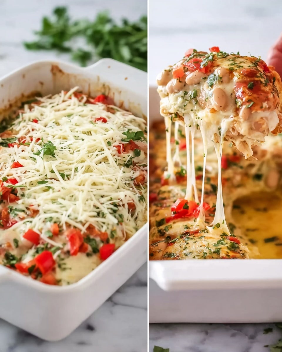 The image shows a white rectangular dish with a layered casserole inside. The bottom layer has visible white beans mixed with diced red tomatoes and chopped green herbs. On top of this, there is a thick, white shredded cheese layer covering the whole dish evenly. Next to it, the same casserole is being served, with a slice being lifted to show the stretchy melted cheese pulling away. The surface under the dish is a white marbled texture, and some fresh green herbs are slightly blurred in the background. A woman's hand is lifting the slice, showing the cheesy, colorful filling inside. photo taken with an iphone --ar 4:5 --v 7