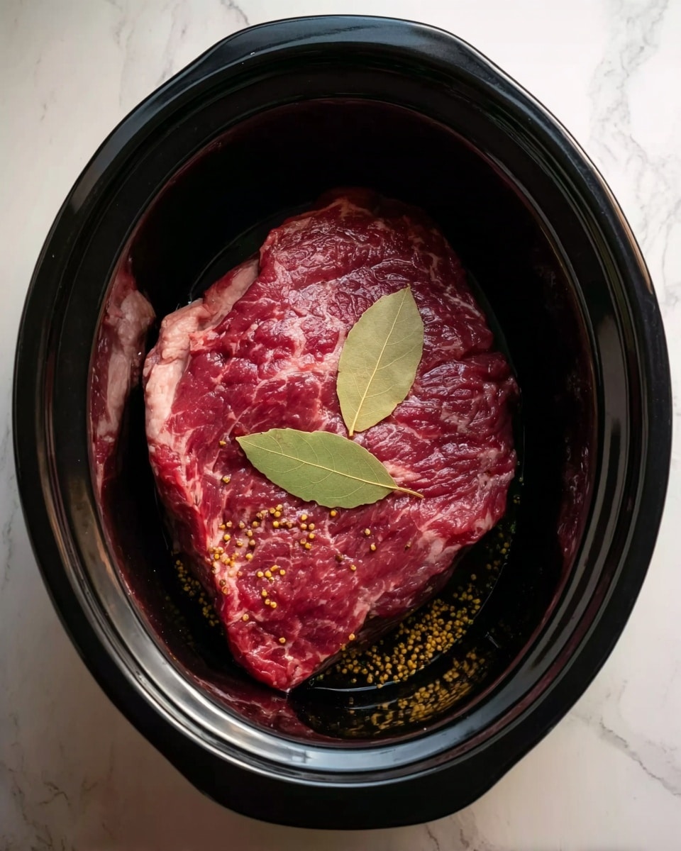 A large piece of raw red meat with some white fat marbling rests in a black oval crockpot. On top of the meat, there are two light green bay leaves and scattered yellow mustard seeds. The crockpot sits on a white marbled surface showing some light wood grain details. The image is taken from above, clearly showing the meat and seasonings inside the crockpot photo taken with an iphone --ar 4:5 --v 7