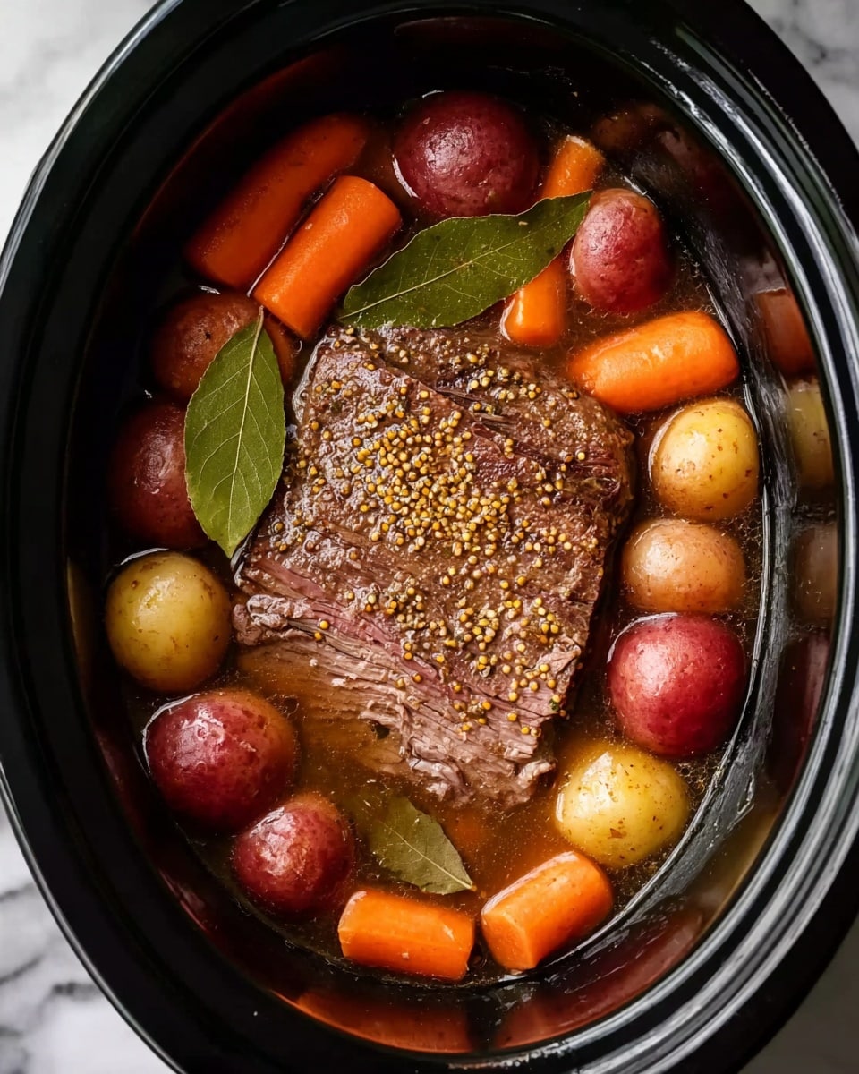 A close-up top view of a slow cooker filled with a rich broth. In the center, there is a large piece of cooked meat covered with mustard seeds. Around the meat, there are several small, round red and yellow potatoes mixed with bright orange baby carrots. A few light brown bay leaves lay on top of the broth near the potatoes. The slow cooker is black, and the whole setup is placed on a white marbled surface. The colors are warm and natural, showing a home-cooked meal ready to serve. photo taken with an iphone --ar 4:5 --v 7