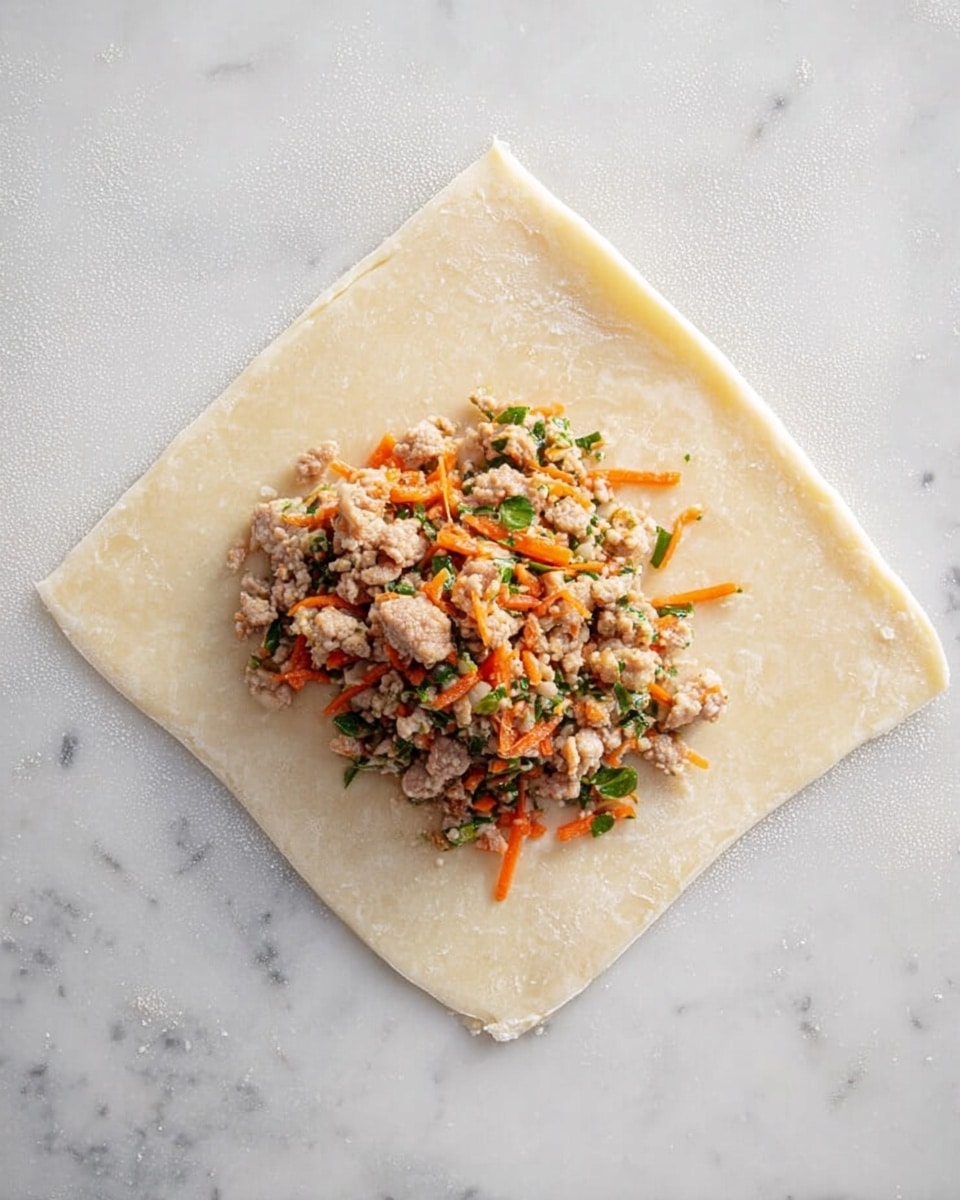 A single square sheet of pale, slightly translucent dough lies flat on a white marbled surface, with a small pile of mixed filling placed near the center; the filling has a light beige color with small bits of cooked meat, thin orange carrot strips, and green herbs mixed throughout, giving it texture and color contrast. photo taken with an iphone --ar 4:5 --v 7