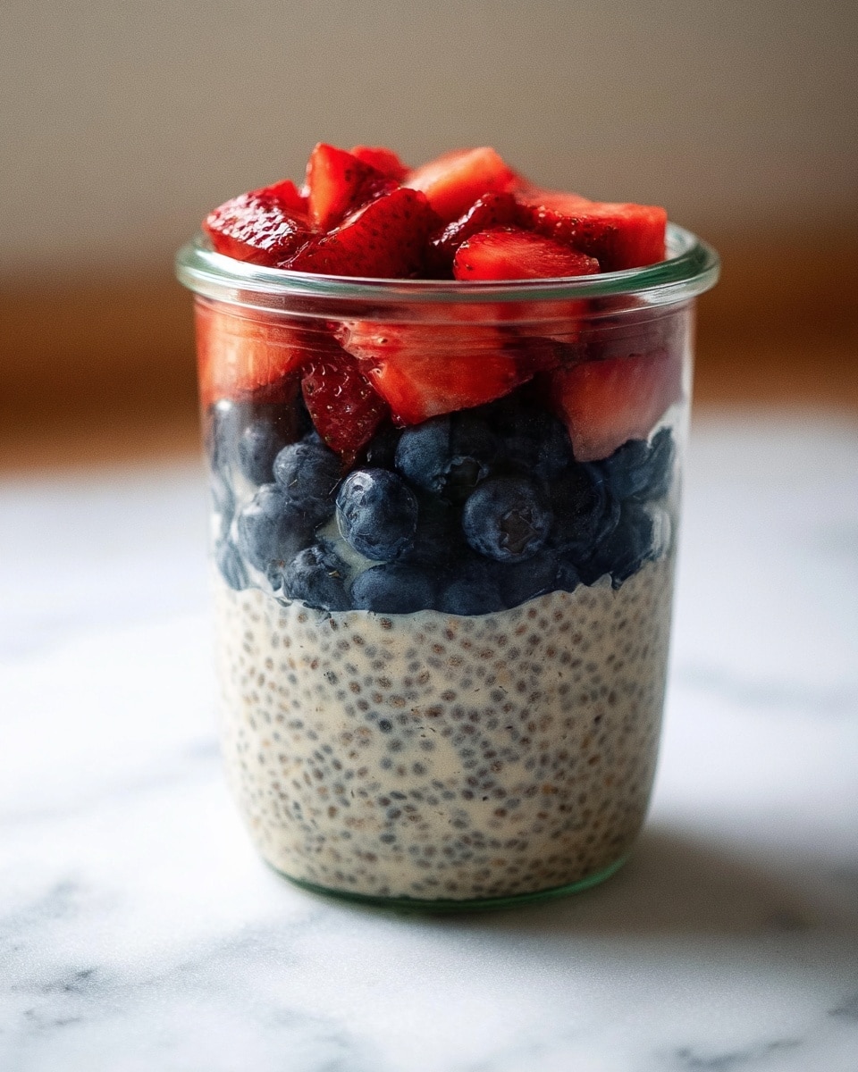A clear glass jar holds three visible layers: the bottom layer is creamy with small dark chia seeds mixed evenly, giving it a speckled beige and black texture; above that is a thick, dark blue layer of fresh blueberries, round and smooth; the top layer consists of bright red strawberry pieces, cut into chunks, with some seeds visible on their shiny surfaces. The jar sits on a white marbled surface with a blurred background. photo taken with an iphone --ar 4:5 --v 7