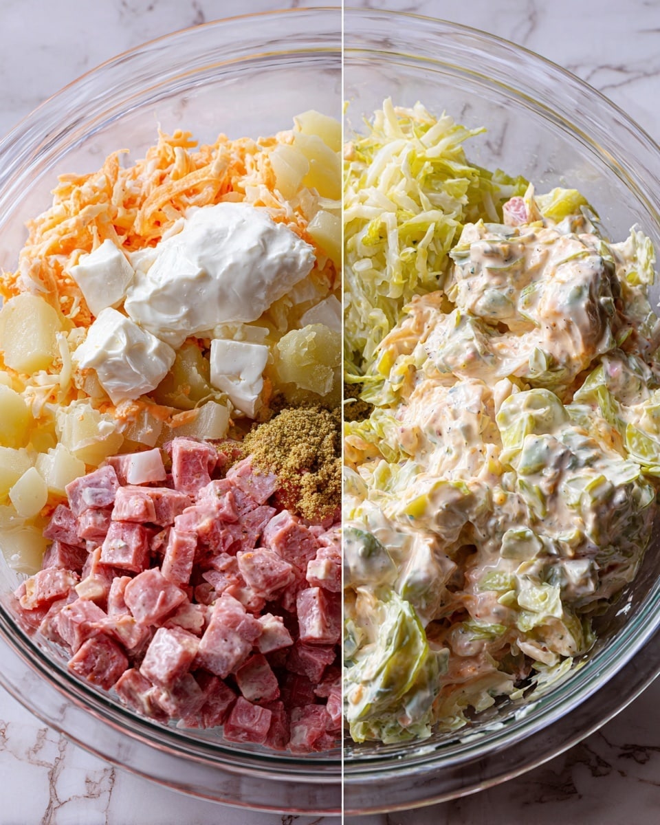 The image shows a clear glass bowl with layers of chopped food ingredients arranged separately before mixing: small diced pink pieces that look like meat, a scoop of white creamy cheese, pale yellow cubes of cheese, a light orange creamy sauce, light yellow shredded cabbage, chopped green pickles, more white creamy cheese, and a small dollop of grainy mustard. Next to it, the same bowl holds a mixed creamy salad where all the ingredients blend together, creating a chunky texture with pink, yellow, green, and white colors all mixed evenly. The bowl sits on a white marbled surface. Photo taken with an iphone --ar 4:5 --v 7