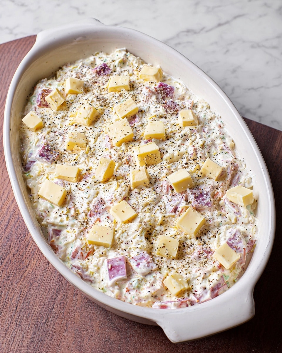 An oval white ceramic dish holds a creamy mixed salad with visible layers of white creamy sauce and bits of purple and light yellow ingredients, likely meats and vegetables. The top layer is covered with small, scattered cubes of pale yellow cheese, sprinkled with coarse black pepper. The texture looks thick and slightly chunky, with a soft spread across the entire dish. The dish sits on a white marbled surface, showing a clean and bright setting. Photo taken with an iphone --ar 4:5 --v 7