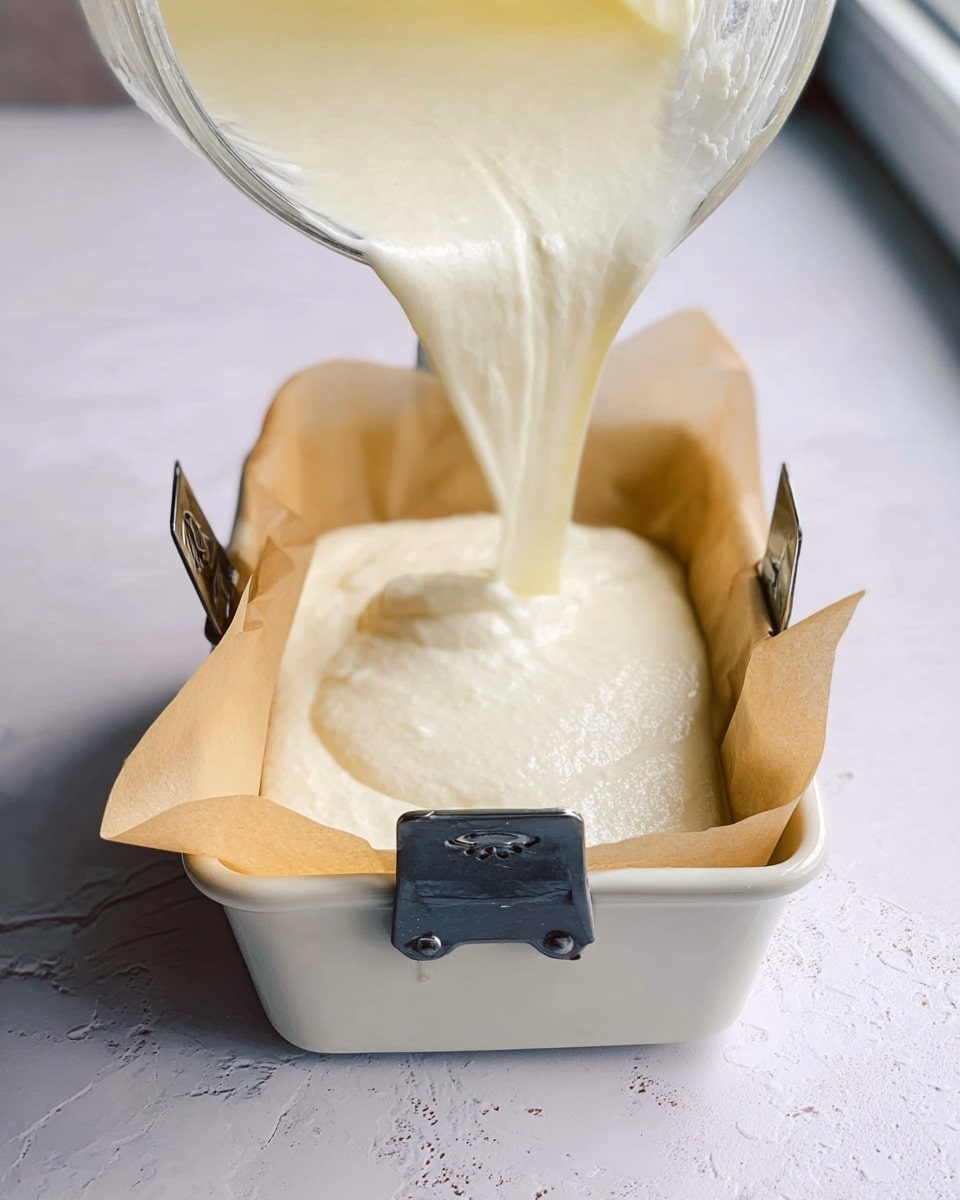 A thick, white, fluffy batter is being poured from a clear container into a small white rectangular baking pan lined with brown parchment paper and held by two black clips on each side. The batter has a smooth, creamy texture and fills the bottom layer of the pan. The pan sits on a white marbled surface with a window in the blurred background. photo taken with an iphone --ar 4:5 --v 7