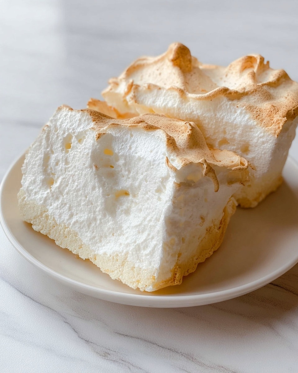 Two large, fluffy meringue pieces sit side by side on a simple white plate. Each meringue has one main thick layer that is white and soft-looking with rough, uneven tops that show light golden brown toasted spots. The edges are slightly ruffled with a bit of a crispy texture, and the base has a thin crust with a light tan color. The plate is placed on a clean white marbled surface. Photo taken with an iphone --ar 4:5 --v 7