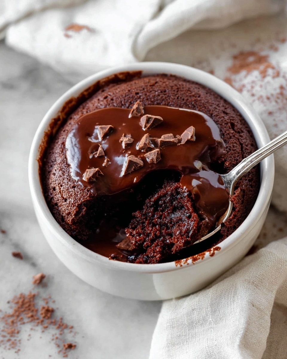 A white bowl filled with one thick layer of soft chocolate cake, topped with a shiny, dark chocolate sauce drizzled unevenly over the top. The cake has a slightly cracked surface, and a spoon digs into the right side, revealing the moist and textured inside with melted chocolate pieces on top. The bowl is set on a white marbled surface with a soft white cloth nearby. photo taken with an iphone --ar 4:5 --v 7