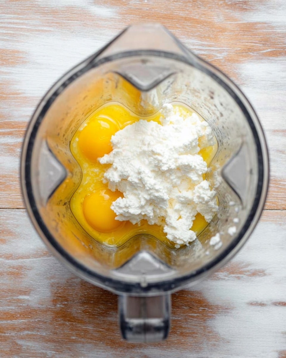 The image shows a clear blender container on a wooden surface with a white marbled texture. Inside the blender, there are three yellow egg yolks visible along the edges at the bottom. On top of the yolks, there is a white, soft, lumpy layer of cottage cheese filling most of the center space. The blender's blades are just below these ingredients, visible through the glass. The photo taken with an iphone --ar 4:5 --v 7