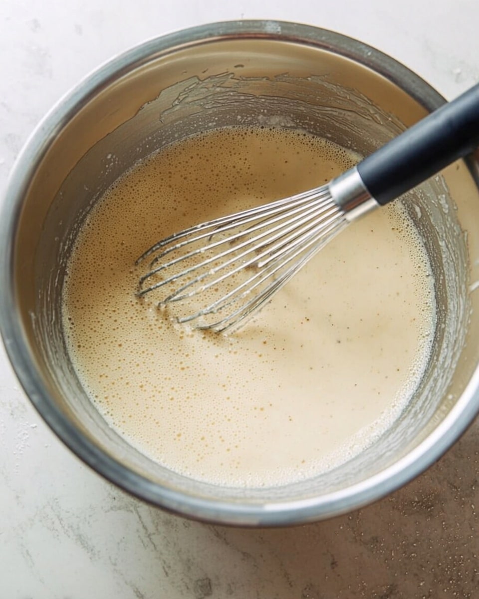 A shiny metal bowl filled with light beige batter that looks smooth and slightly bubbly. A whisk with a black handle rests inside the bowl, its metal wires partly covered with the batter. The bowl sits on a white marbled surface, showing some batter splashes on the sides inside the bowl. The scene is close-up and well-lit. photo taken with an iphone --ar 4:5 --v 7
